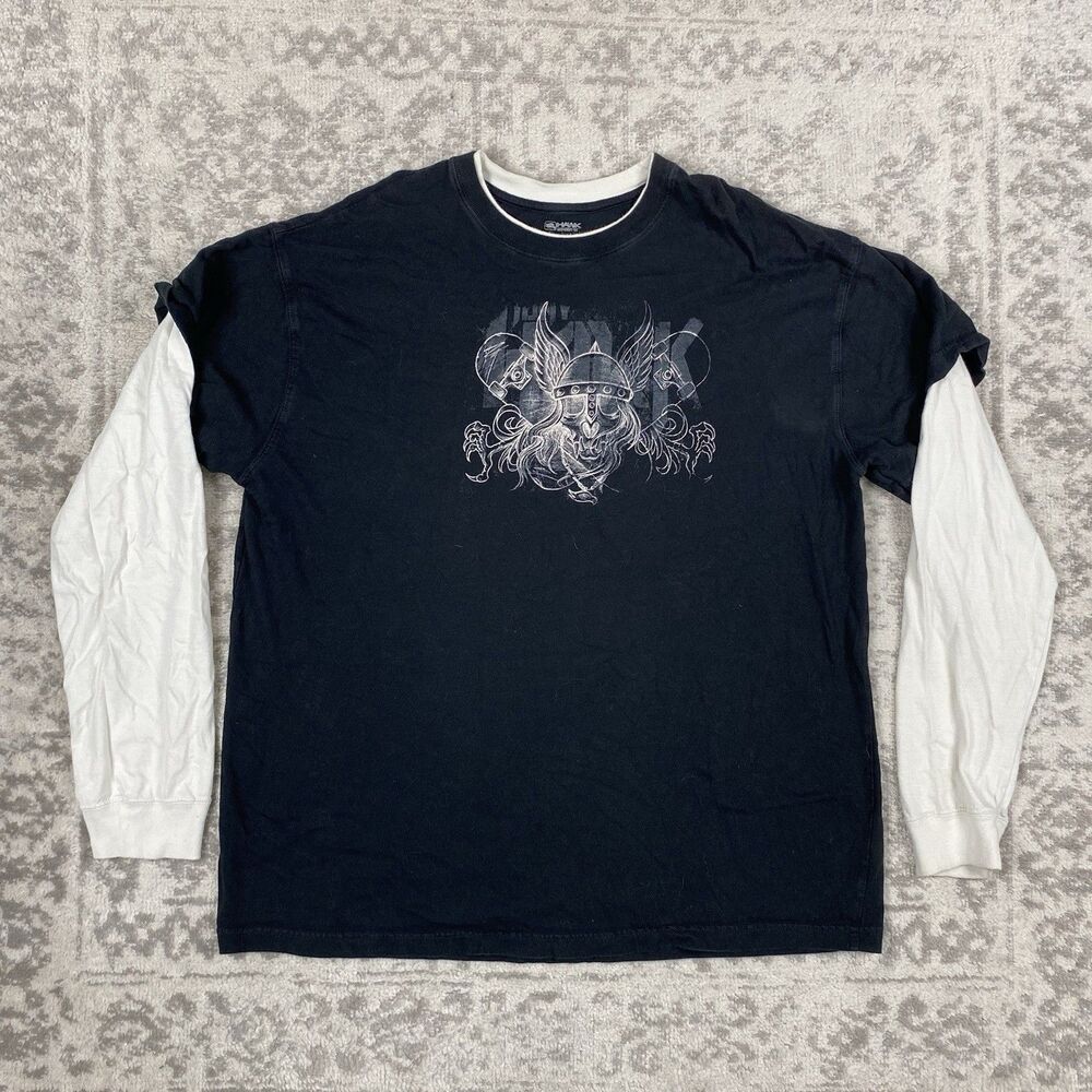 Vtg Y2K Tony Hawk T Shirt Layered Double Shirt Long Sleeve Skater Flames Size XL